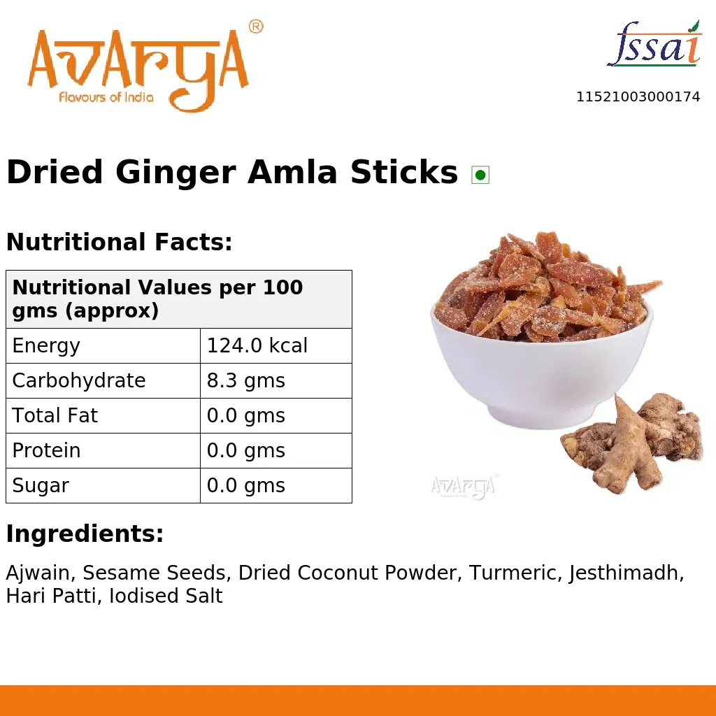 Ingredients And Nutrition Facts Of Dried Ginger Amla Sticks