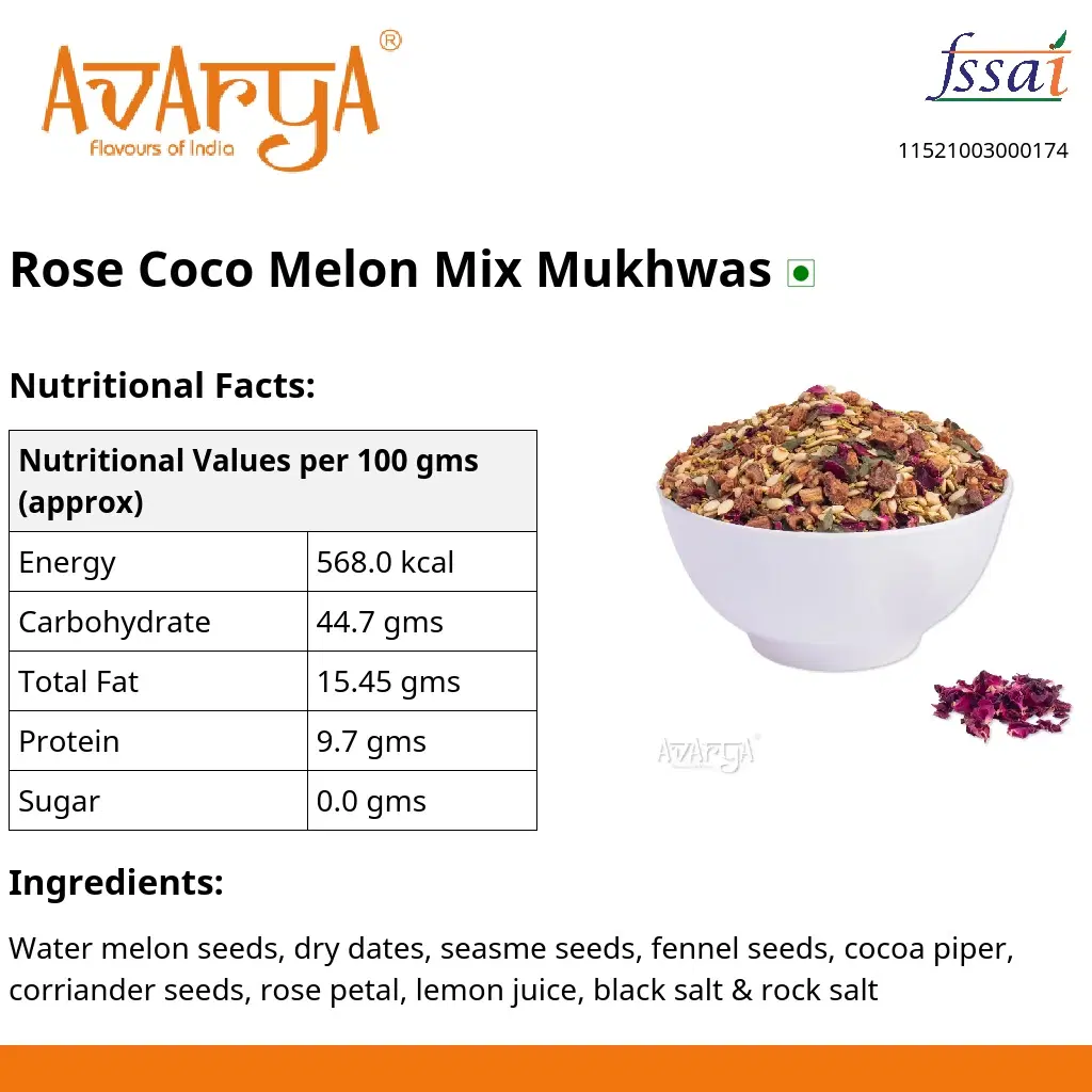Ingredients And Nutrition Facts Of Rose Coco Melon Mix Mukhwas